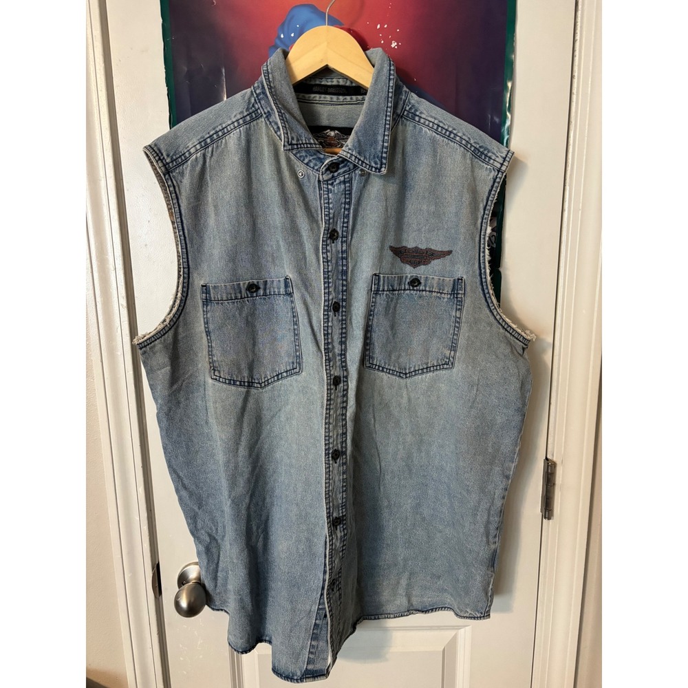 Harley Davidson Mens XL Sleeveless Denim Shirt Biker Vest Light Wash 90s